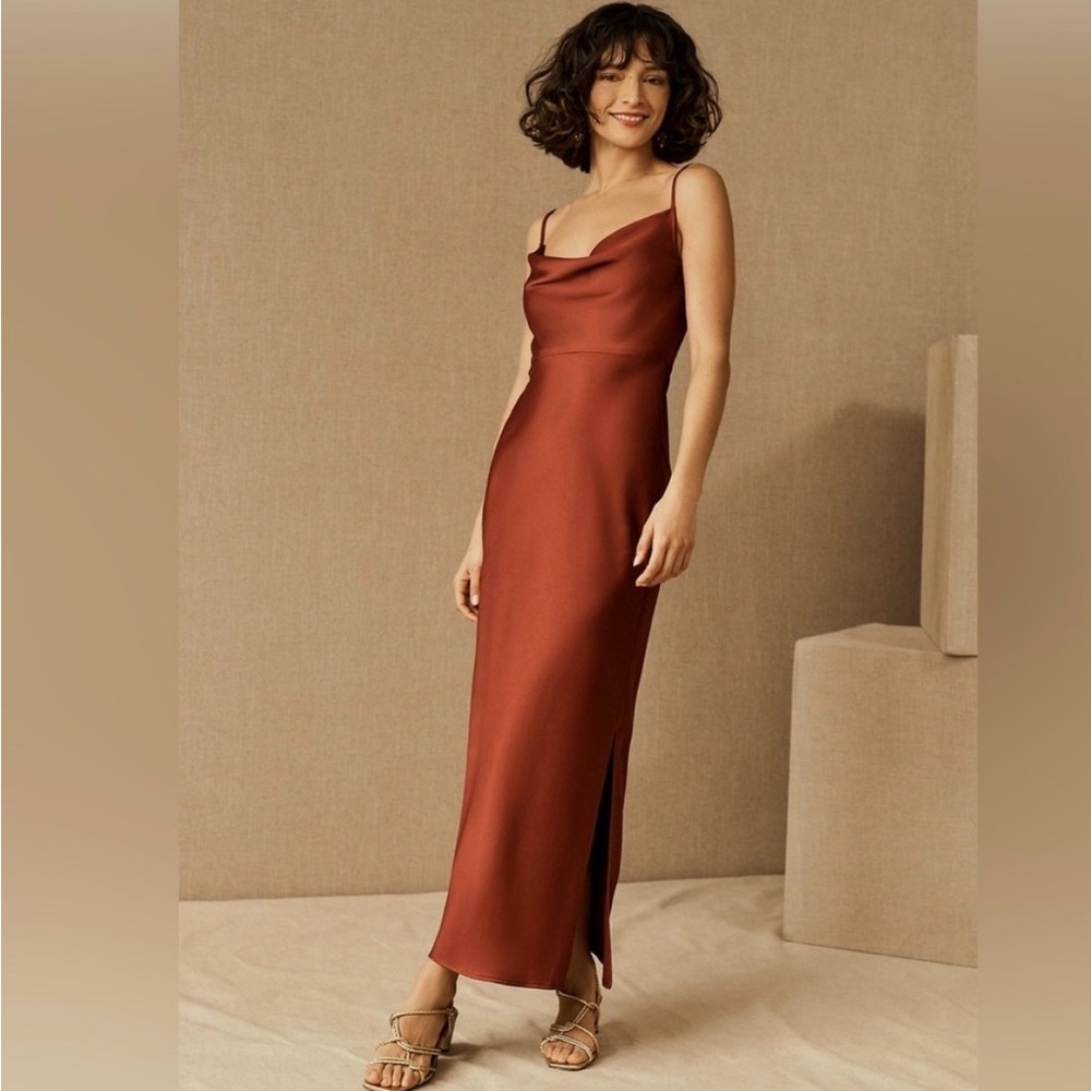 Satin Cowl Slip Dress in Rust